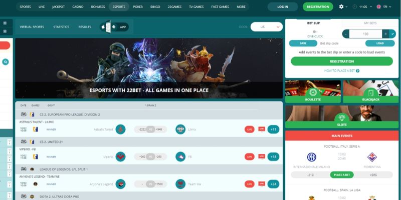 Trải nghiệm casino trực tuyến và cá cược thể thao trên 22BET